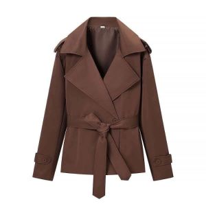 Spring Autumn Women Belt Short Trench Coat Single Breasted Lapel Collar Long Sleeve Jacket Casual Commute Office Womens Clothing