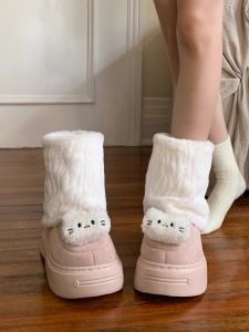 Giày Bốt Đi Tuyết Lông Mịn Dày Dặn Mùa Đông Cho Nữ Gấu Bông Dễ Thương Giày Lông Cừu Đế Bằng Mùa Đông Phong Cách Nhật Bản