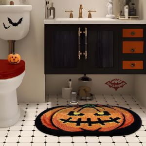 VIKAMA Halloween Pumpkin Head Shaped Bath Mat Soft Fluffy Non‑Slip Water Absorbent Bathroom Floor Mat Holiday Home Decor