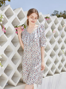 NoirTease Pure Cotton Summer Thin Sleep Dress Womens Home Clothes Anti-Bulge Point Sleepwear Outdoor Wear V-neck Short Sleeve Mid-length Dress