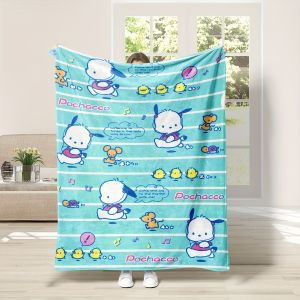 Sanrio | Pochacco Blue Stripe Flannel Blanket Single Sided 2D Print Kawaii Cozy Blanket Home Dorm Pochacco Fan Vibe Decor Napping Blanket