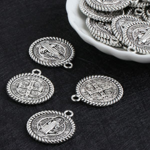 10Pcs St. Benedict Medal Charms Silver Color Round Saint Benedict Cross Pendant Medallion for DIY Making Accessories