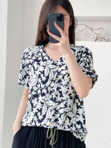 Loose Cotton Silk Shirt Women Summer plus Size Short Sleeve T-Shirt Casual V-Neck Leisure Fashion Summer Wear Large Size Artificial Cotton Top Thin