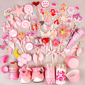 Pink Dessert Table Decoration Cupcake Paper Cupcake Push Pop Stickers Baby Girl First Birthday Full Moon Celebration Supplies