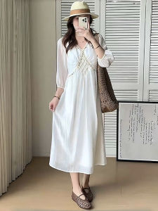 plus Size Bohemian Style V-Neck Splice Dress Korean Version High Waist Summer Slimming Long Dress for Young Women