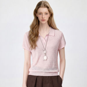 Pink Polo Collar Breathable Versatile Slimming T-shirt