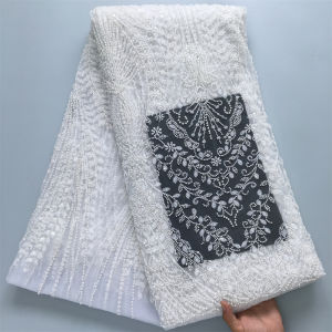 White Heavy Beading Tulle Lace Fabric Luxury Pearl Embroidery African Net Lace For Bridal & Formal Party Dresses