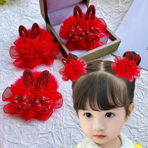 Mũ Giả Màu Đỏ Hoa Tai Thỏ Giỏ Bông Ngọc Trai Dây Buộc Tóc Phụ Kiện Tóc Giáng Sinh Trung Thu Trang Trí Tóc Cho Bé Gái