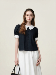 AIVEI | Gentle Korean Style Collarless Bubble Sleeves Contrast Color Shirt