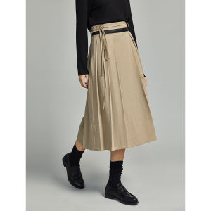 Elle | Khaki High-Waist A-Line Draped Utility Skirt