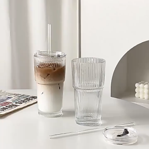 Small Stripe Glass Coffee Cup with Straw Lid 600ML Drinkware For Tea Milk Juice Breakfast Mugs Travel Drinking Water Bottle