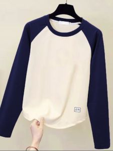 พรางหุ่น ขนาดใหญ่ ผู้หญิง เสื้อยืดแขนยาว Pure ผ้าฝ้าย บล็อกสีแฟชั่น หลวม Fit ฤดูใบไม้ผลิ ฤดูใบไม้ร่วง เสื้อท่อนบน เสื้อเบสอ่อนเยาว์