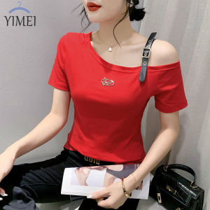 Yimei áo nữ thời trang và hở vai gợi cảm áo mùa hè 2023 Áo Thun Nữ xinh đẹp mới áo thun cotton màu đỏ hợp lý thiết kế cho nữ