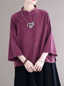 Retro Ethnic Style Womens Shirt Loose Cotton Linen Long Sleeve Short Length Button up Tea Ceremony Wear Large Size 2025