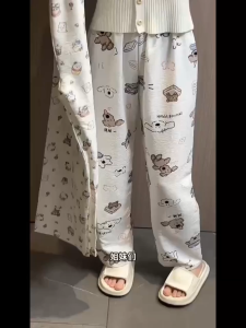 Cute Cartoon Print Relaxed Casual Loose Lounge Cooling Long Pants Homewear Sleep Pants Outerwear Summer New Women