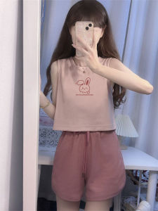 ชุดกีฬาลำลองฤดูร้อนใหม่สำหรับผู้หญิง ชุดเสื้อกั๊กแขนกุดและกางเกงขาสั้น ชุดหวานๆ สไตล์ญี่ปุ่น ชุดสองชิ้น