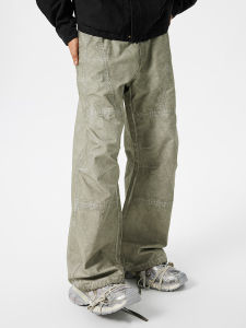 GTRG Trendy American Workwear Pants Straight Leg Zipper Weathered Mens Drawstring Casual Trousers Breathable Cotton Youthful