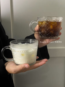 Ins Style Glass Coffee Cup with Handle Large Mouth for Easy Drinking Milk Juice Water Cup Nordic Style round Shape Transparent