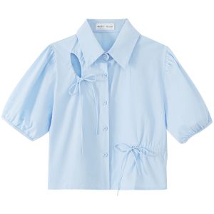 Áo sơ mi tay bồng MUTU màu xanh khoét lỗ nhỏ thanh lịch