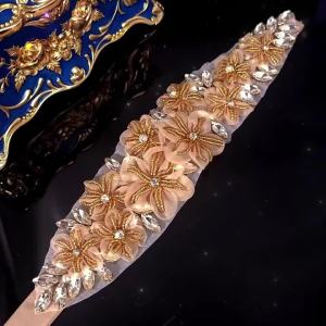 Romantic 3D Floral Bridal Belt Rhinestone Wedding Dress Sash Applique Pearl Flower Thin Ribbon Waist Band for Women As Gifts