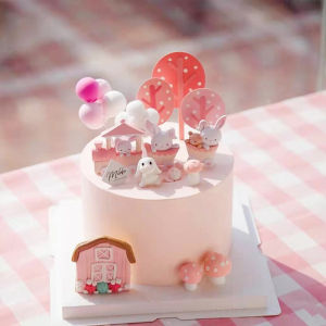 Pink Rabbit Train Baking Cake Decoration Doll Display Birthday Cake Decor Cute Fairy Tale Themed Pastel Pink Rabbit Locomotive