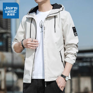 Jeanswest Mens Hooded Jacket Outdoor Casual Loose Trendy Spring Autumn Zipper Decorated Standard Fit Polyester Fiber