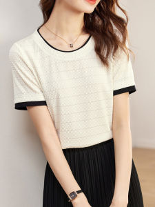 Fashionable Textured Short Sleeve Womens T-shirt Color Block Casual Style Summer Top round Neck Regular Fit Polyester Blend
