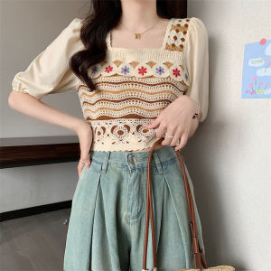 Áo Thun Dệt Kim Cổ Vuông Tay Ngắn Khoét Sâu Phong Cách Dân Tộc Mùa Hè Thiết Kế Mới Cho Nữ Áo Ngắn Siêu Ngắn Cổ Tròn