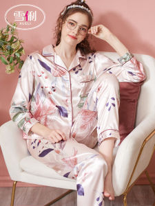 ชุดนอนผ้าไหมเทียมแขนยาวสำหรับผู้หญิง เสื้อผ้าใส่อยู่บ้าน ชุดนอนฤดูร้อน สไตล์หวาน ลายพิมพ์ดอกไม้ ทรงหลวม ผ้าโพลีเอสเตอร์