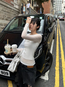 Fanptntox Clean Fit ตาข่าย เสื้อเบลาส์ผ้าถักเย็บปะติดปะต่อ ผู้หญิง ฤดูใบไม้ร่วง เสื้อท่อนบน สตรีทสไตล์ สลิมฟิต คอกลมแขนยาวสีทึบ