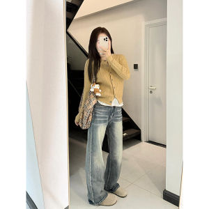 Extended High Waist Straight Leg Jeans Womens Slim Fit Long Tube Pants Spring Autumn High Rise Straight Cut Blue Denim Jeans