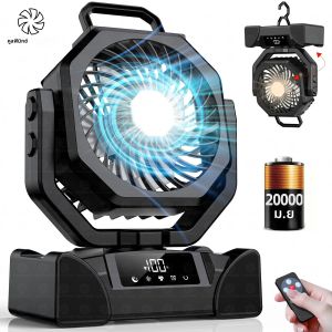 20000mAh Camping พัดลมแบตเตอรี่แบบชาร์จไฟได้พัดลมกลางแจ้งแบบพกพาไร้สายเต็นท์พัดลมเพดาน Air Circulators พร้อมตะขอและไฟ LED