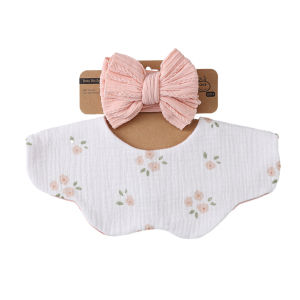 2Pcs/Set Muslin Cotton Baby Bibs & Cable Solid Soft Elastic Big Hair Bows Headbands Flower Print Heart Saliva Towel Headwear