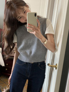 สีเทา เสื้อกั๊ก เสื้อท่อนบน Layered Early ฤดูใบไม้ร่วง สลิมฟิต ถักสั้น แขนกุด ผู้หญิง เสื้อแจ๊กเก็ตไหล่ สายคล้อง แบบเปิดหน้า