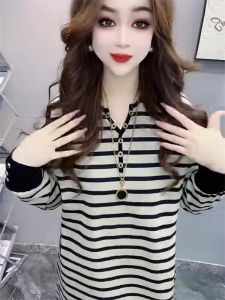 Fashionable Striped Womens Top Korean Style Autumn New Arrival Slimming Versatile Trendy Button up Long Sleeve Mid-Length T-Shirt
