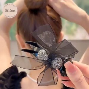 Kẹp tóc càng cua gắn nơ vải lưới đính đá phong cách trẻ trung