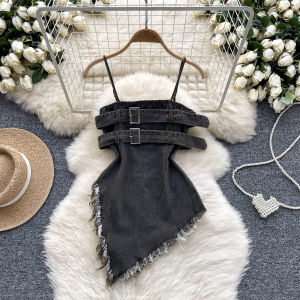 Áo Vest Denim Không Dây Cổ Điển Cho Nữ Mùa Hè Viền Tua Rua Không Đều Cảm Giác Cao Cấp Áo Vest Pure Desire