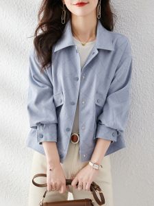 แจ็คเก็ตทรงหลวมสไตล์ลำลองสำหรับผู้หญิง ทรงปกติ แขนยาว ปกโปโล ฤดูใบไม้ร่วง 2023 แจ็คเก็ตขนสัตว์แบบลำลองสำหรับผู้หญิง