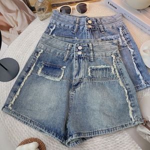กางเกงขาสั้นยีนส์เอวสูงสไตล์ย้อนยุคสำหรับผู้หญิง กางเกงขาสั้นทรงเอขากว้างหลวมๆ ทรงเข้ารูปสำหรับฤดูร้อน 2024 กางเกงขาสั้นทรงเข้ารูปสไตล์เกาหลี