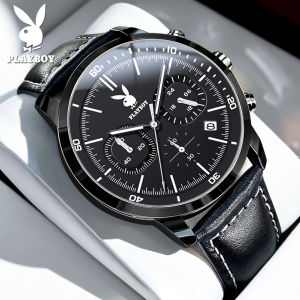 [ 100% ของแท้ ] PLAYBOY กีฬา นาฬิกา ผู้ชาย ใหม่ สายหนังแท้ กันน้ำ ของแท้ casual โครโนกราฟ นาฬิกาควอตซ์