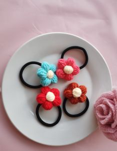 Girls Hair Ties Handmade Crocheted 5 Strand Milk Cotton Five Petal Flower Elastic Rope Hair Accessories Childrens Headwear