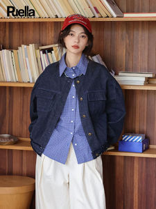 Puella Winter New Fashionable Deep Blue Denim Jacket Straight Cut Commute Style Polyester Fiber Long Sleeve round Neck Coat
