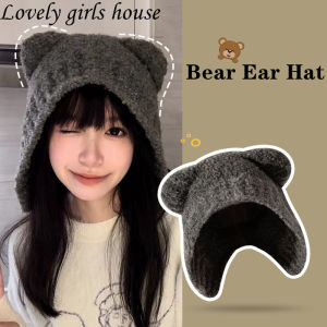 【♡Lovely girls house♡】Kawaii Bear Ear Warm Wool Hat for Women Girls Autumn Winter Outdoor Thicken Plush Ear Protection Windproof Cap