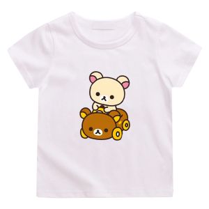 Bandai | Rilakkuma Bear Kawaii Printing T-shirt 100% Cotton Short Sleeve Casual Tee-shirt Funny Cartoon Graphic Print Tshirts Comfortable