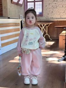 Cute Sweet Girls Autumn Fashion Two-Piece Set Shoulder Sleeve Childrens Korean Style Sweatshirt Casual Comfortable Clothing