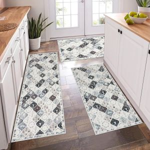Bohemian Floral Kitchen Floor Mat Three-Piece Set Bedside Carpet Home Use Dirt-Resistant Wear-Resistant Entrance Mat Mat Carpet Rug 波西米亚花卉厨房地垫三件套 床边地毯 家用耐脏耐磨入户垫 FUNIANQI