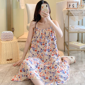 Lightweight Cotton Silk Chemise Nightgown Women Summer Thin Cool Feeling Zen Style Print Long Skirt Can Wear Outdoors Summer