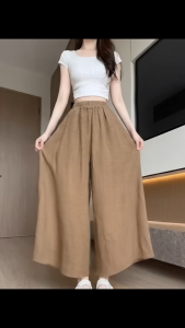 Ginza6 Cotton Linen High Waist Wide Leg Trouser Pants for Women Elastic Waist Baggy Plus Size 645#
