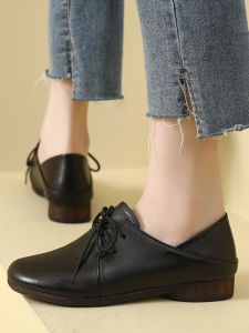 Spring New Cowhide Flat Bottom round Toe Lace Comfortable Mom Shoes Low Heel Anti-slip Womens Leather Shoes Soft Surface Leather