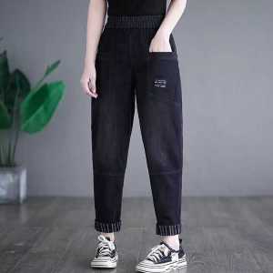 กางเกงยีนส์ทรงหลวมสไตล์ฮาราจูกุสำหรับผู้หญิง กางเกงขายาวทรงเอวสูง กางเกงขายาวทรงคาร์โก้ ทรงเดนิม สีน้ำเงิน ทรงหลวม